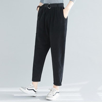 Retro Art All-match Casual Trousers Autumn And Winter Solid Color Corduroy Elastic Pants (Color:Black Size:L)