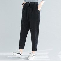 Retro Art All-match Casual Trousers Autumn And Winter Solid Color Corduroy Elastic Pants (Color:Black Size:XL)