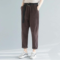 Retro Art All-match Casual Trousers Autumn And Winter Solid Color Corduroy Elastic Pants (Color:Brown Size:L)