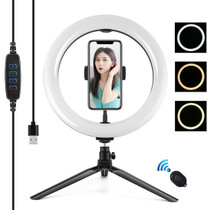 PULUZ 10.2 inch 26cm Light + Desktop Tripod Mount USB 3 Modes Dimmable Dual Color Temperature LED Curved Diffuse Light Ring Vlogging Selfie Photography Video Lights with Phone Clamp & Selfie Remote Control(Black)