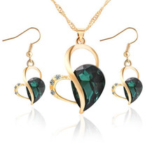 Cute Heart Shaped Crystal Stud Necklace Jewellery Set(Green)