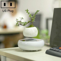 White Stripe Flower Pot + Imitation Ceramic Resin Base Magnetic Levitation Potted Plant Home Decoration, US Plug