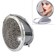 Diamond-encrusted Metal Double Side Folding Mini Portable Round Small Makeup Mirror(Bright Black)