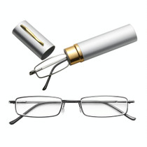 Reading Glasses Metal Spring Foot Portable Presbyopic Glasses with Tube Case +2.50D(Silver Gray)