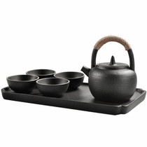 Portable Travel Ceramics Loop Handle Pot Teapot Teacup Set with Tea Tray(Black)