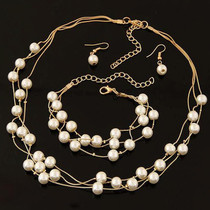Pearl Multi-Layer Temperament Necklace Earring Bracelet set, Metal color:Gold