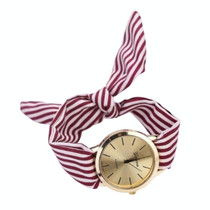 Women Fashion Striped Fabric Strap Quartz Watch(Red)