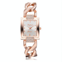 Square Dial Diamond Plated Hollow Alloy Bracelet Strap Quartz Watch for Women(Rose gold white flour)
