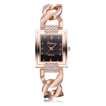 Square Dial Diamond Plated Hollow Alloy Bracelet Strap Quartz Watch for Women(Rose gold black surface)