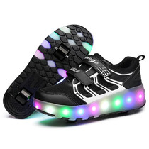 WS01 LED Light Ultra Light Mesh Surface Rechargeable Double Wheel Roller Skating Shoes Sport Shoes, Size : 34(Black)