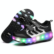 WS01 LED Light Ultra Light Mesh Surface Rechargeable Double Wheel Roller Skating Shoes Sport Shoes, Size : 31(Black)
