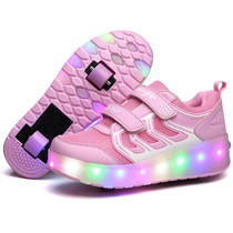 WS01 LED Light Ultra Light Mesh Surface Rechargeable Double Wheel Roller Skating Shoes Sport Shoes, Size : 32(Pink)