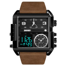 SKMEI 1391 Multifunctional Men Business Digital Watch 30m Waterproof Square Dial Wrist Watch with Leather Watchband(Black+Coffee)