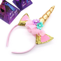 Fashion Girls DIY Golden Unicorn Party Hair Band Gauze Flower Headband(Gold)