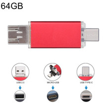 64GB 3 in 1 USB-C / Type-C + USB 2.0 + OTG Flash Disk, For Type-C Smartphones & PC Computer (Red)