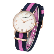 CAGARNY 6813 Fashionable Ultra Thin Rose Gold Case Quartz Wrist Watch with 3 Stripes Nylon Band for Women(Pink)