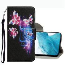 For Samsung Galaxy S22+ 5G Coloured Drawing Pattern Leather Phone Case(Three Fluorescent Butterflies)