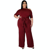 Solid Color Oblique Shoulder Strap Jumpsuit Wide-leg Pants (Color:Wine Red Size:XXL)