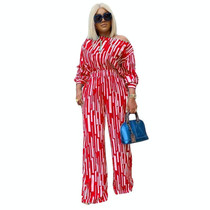 Large Size Striped Printing Oblique Long-sleeved Shoulder Loose Fashion Casual Suit (Color:Red Size:XXL)