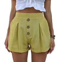 Cotton Linen Shorts Solid Color Casual Wide-leg Pants (Color:Yellow Size:M)