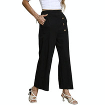 Women Solid Color Cropped Wide-leg Pants (Color:Black Size:S)