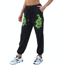 Ladies Casual Pants Printed Straight-leg Pants (Color:Black Size:S)