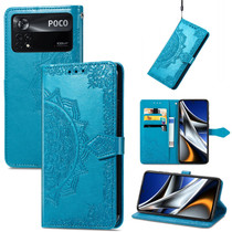 For Xiaomi Poco X4 Pro 5G Mandala Flower Embossed Flip Leather Phone Case(Blue)