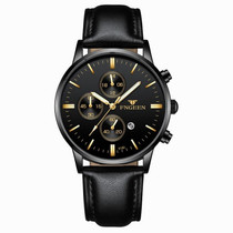 FNGEEN W5128 Men Three Eyes Subdial Luminous Quartz Watch Student Simple Watch(All Black Surface Golden Nails)