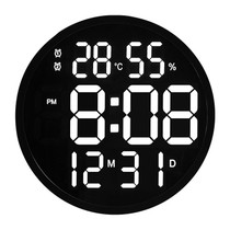 6620 12 Inch LED Simple Wall Clock Living Room Round Silent Digital Temperature And Humidity Electronic Clock(Black Frame US Plug)