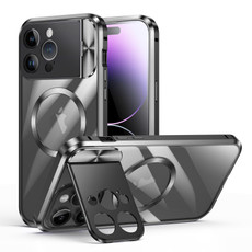 For iPhone 14 Pro Max Large Window Holder MagSafe Magnetic Metal Phone Case(Black)