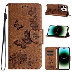 For iPhone 15 Pro Butterfly Embossed Flip Leather Phone Case(Brown)