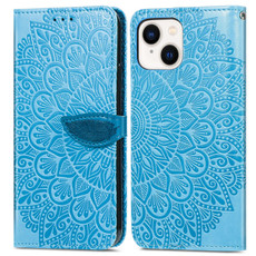 For iPhone 14 Plus Blooming Mandala Embossed Wings Buckle Leather Phone Case(Blue)