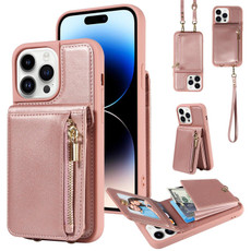 For iPhone 14 Pro Max Crossbody Lanyard Zipper Wallet Leather Phone Case(Rose Gold)