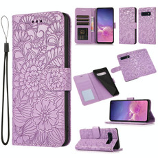 For Samsung Galaxy S10e Skin Feel Embossed Sunflower Horizontal Flip Leather Case with Holder & Card Slots & Wallet & Lanyard(Purple)