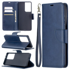 For Samsung Galaxy S21 Ultra 5G Lambskin Texture Pure Color Horizontal Flip PU Leather Case with Holder & Card Slots & Wallet & Lanyard(Blue)