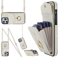 For iPhone 14 Pro Rhombic Texture Card Bag Phone Case with Long Lanyard(White)