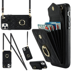 For iPhone 11 Pro Max Rhombic Texture Card Bag Phone Case with Long Lanyard(Black)