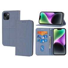 For iPhone 15 Plus Woven Texture Stitching Magnetic Leather Phone Case(Grey)