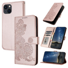 For iPhone 13 Datura Flower Embossed Flip Leather Phone Case(Rose Gold)