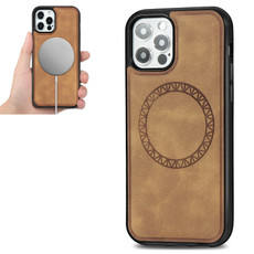 For iPhone 12 / 12 Pro Retro Business Round Embossing Magnetic PU + TPU Protective MagSafe Case(Khaki)