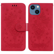 For iPhone 14 Plus Butterfly Rose Embossed Leather Phone Case(Red)