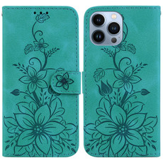 For iPhone 13 Pro Max Lily Embossed Leather Phone Case(Green)