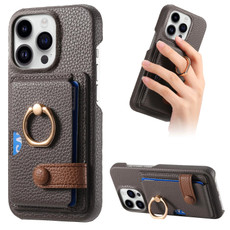 For iPhone 13 Pro Litchi Leather Oil Edge Ring Card Back Phone Case(Grey)