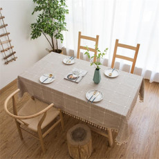 Square Lattice Embroidered Tablecloth Pure Color Cotton Linen Tassel Rectangular Coffee Table Mat, Size:90x140cm(Brown)