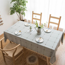 Square Lattice Embroidered Tablecloth Pure Color Cotton Linen Tassel Rectangular Coffee Table Mat, Size:140x220cm(Coffee)