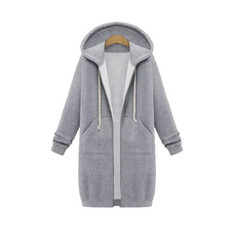 Women Hooded Long Sleeved Sweater In The Long Coat, Size:L(Light Grey)