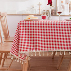 Tassel Lace Daisy Print Cotton Linen Tablecloth, Size:140x140cm(Red Plaid)