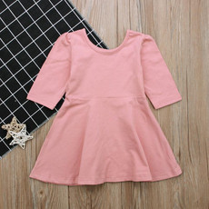 Spring Autumn Girls Solid Color Cotton Three-quarter Sleeve Dress, Kid Size:100  Yards(Pink)