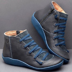 PU Boots Lace-Up Retro Flat Women Boots, Size:37(Blue)