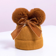 MZ7153 Double Wool Ball Bowknot Children Knitted Hat With Cotton Warm Baby Hat, Size: About 6-36 Months(Turmeric)